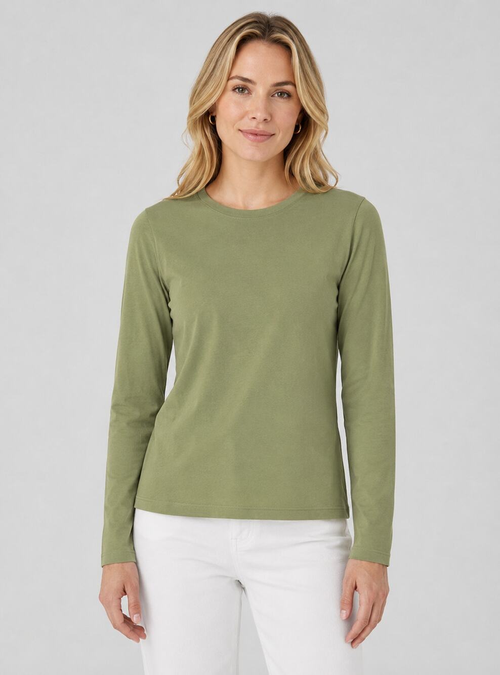 Eileen Fisher Long Sleeve Top Womens L Green Organic Cotton Jersey Crew Neck